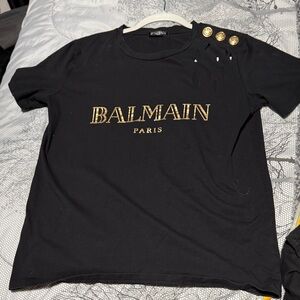 Balmain Black Tee with Gold Logo and Buttons